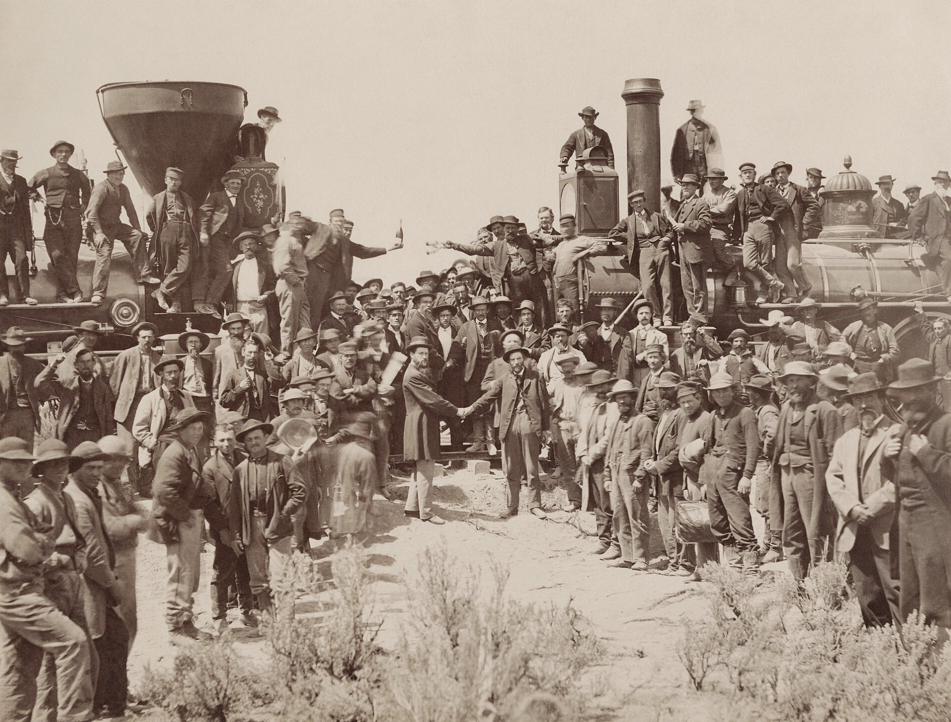 The ceremony for the driving of the golden spike at Promontory Summit, completion of the First Transcontinental Railroad, Utah.